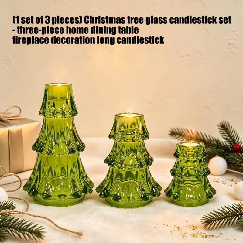 Holiday Glass Candlestick Set, 3-Piece Table Display Accent for Shelf Display, Dining Tables, Indoor Use, and Shelf Accent