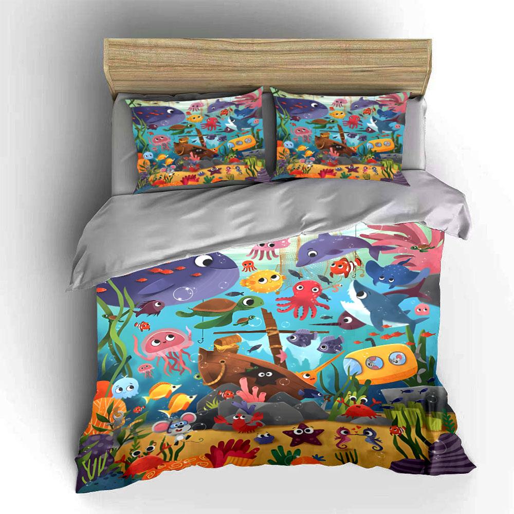 Colorful Underwater Cartoon Scene. Print Bedding Set 1 Duvet Cover 2 Pillowcases For Adult And Children Luxury Gift Full Size