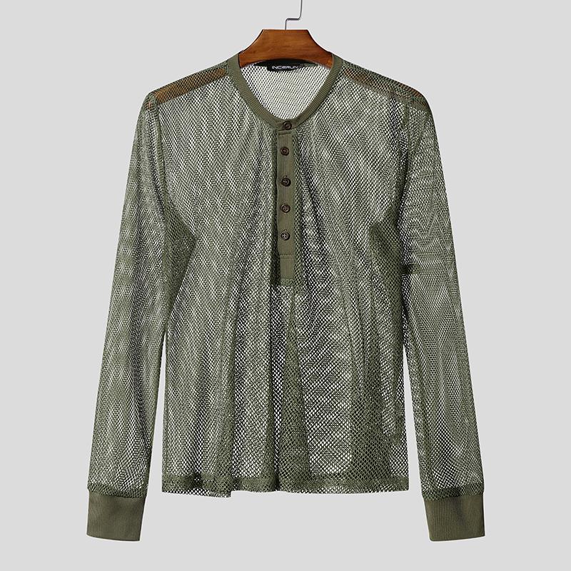 

INCERUN Men Long Sleeve Hollow Mesh Sheer See Through Webbing Fitted T-shirts Tops 3XL армія зелений колір