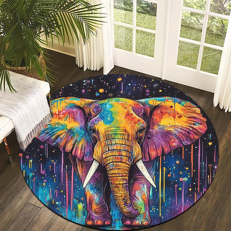 Doodle painted elephant Flannel-printed round floor mats are slip-resistant Suitable living room bedroom terrace garden carpets