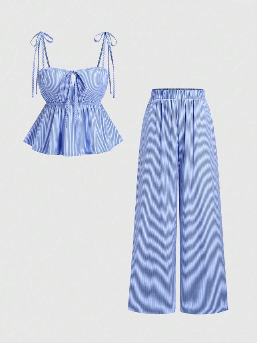 

Island Diary Blue Striped Wide-Leg Women s Summer Pants - Loose Waist, Casual Floor-Length Trousers Small синій
