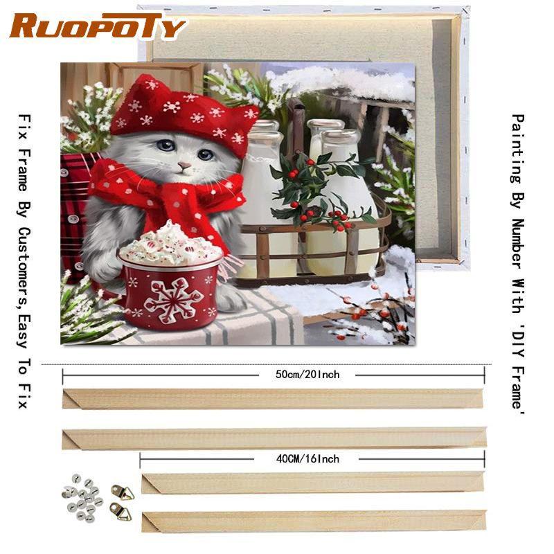 Ruopoty DIY Frame Picture By Numbers Cat Animal HandPainted Wall Art Unique Gift Painting By Number Winter Christmas Gift