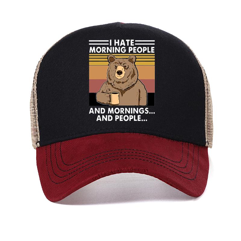 

I Hate Morning People And Mornings And People hat Funny-Bear Drink Coffee Lover Cute Lazy Animal Baseball Cap Summer Mesh hats Adjustable
