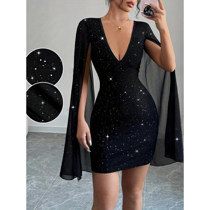 women s Glitter Ribbed Deep V Neck Cape Sleeve Bodycon Mini Dress Sheer Mesh Club Party Dress S чёрный