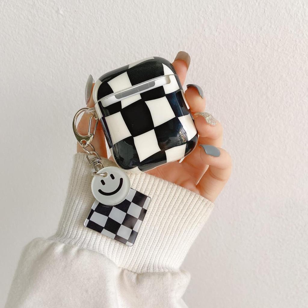 Protective Case for AirPods 1/2, Creative Elegant Art White Black Grid Plaid Smiling Face Soft Silicone TPU Rubber Lightweight Ultra Thin Cover