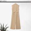 ZANZEA Womens Casual Turn Down Collar Loose Sleeveless Wide Leg Jumpsuits