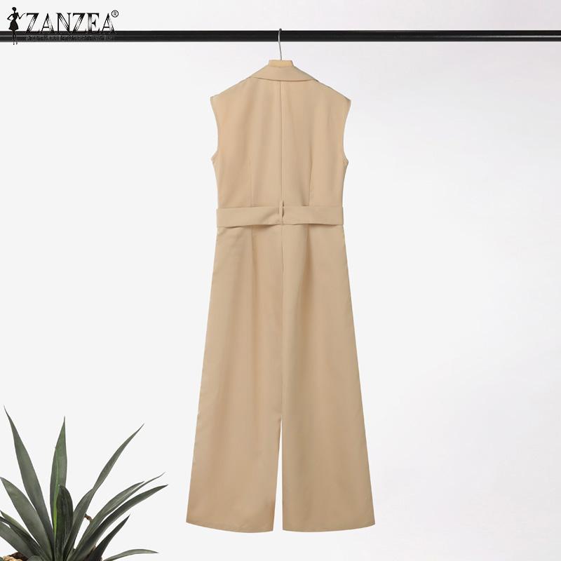 ZANZEA Womens Casual Turn Down Collar Loose Sleeveless Wide Leg Jumpsuits