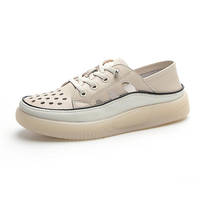 Fashion GKTINOO Loafers Ladies Genuine Leather Large Size Summer Hollow Lace-up White Shoes Women Fashion Casual Soft Sole Flat Shoes