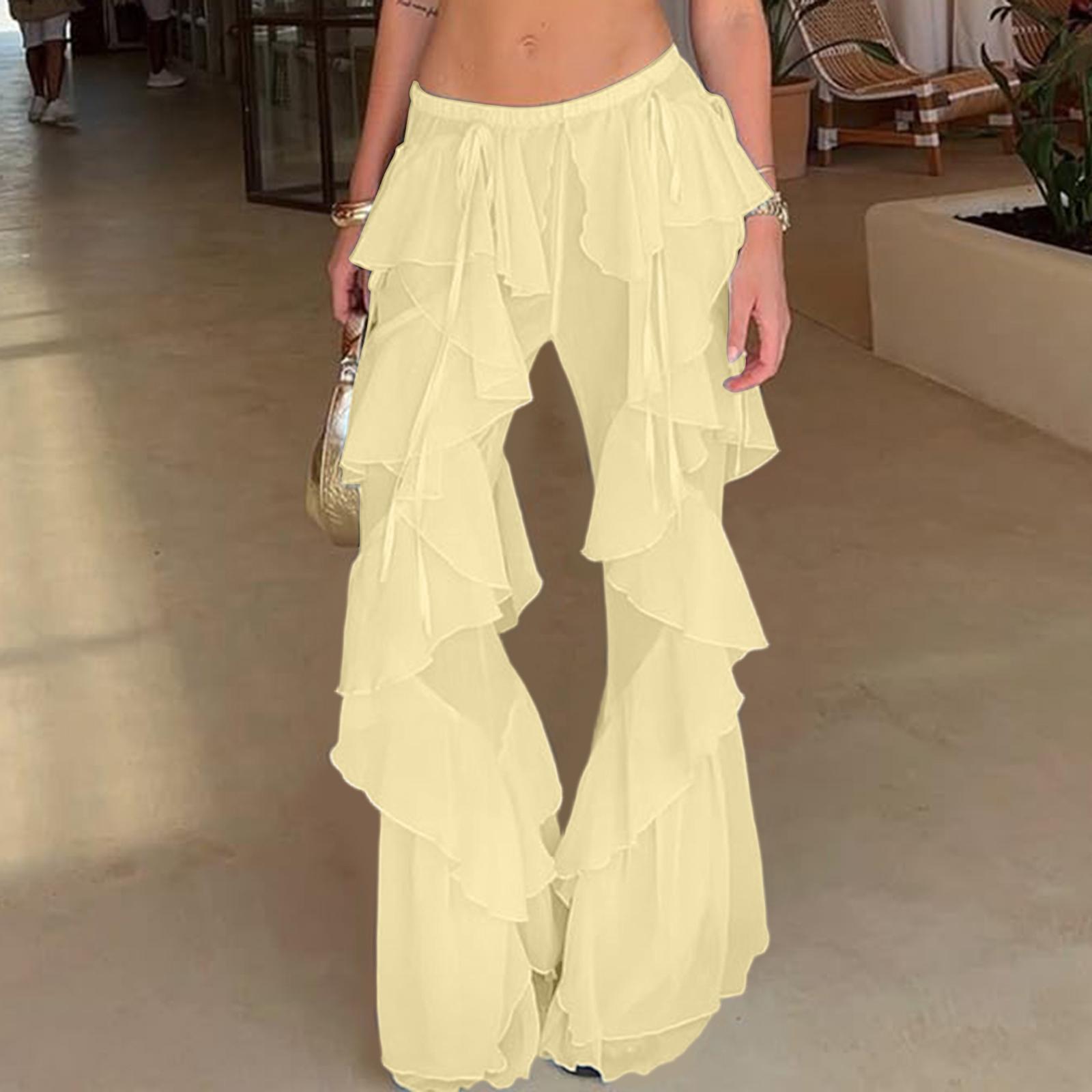 

Ladies Color Ruffle Edge Splicing Strap Loose Pants L жовтий