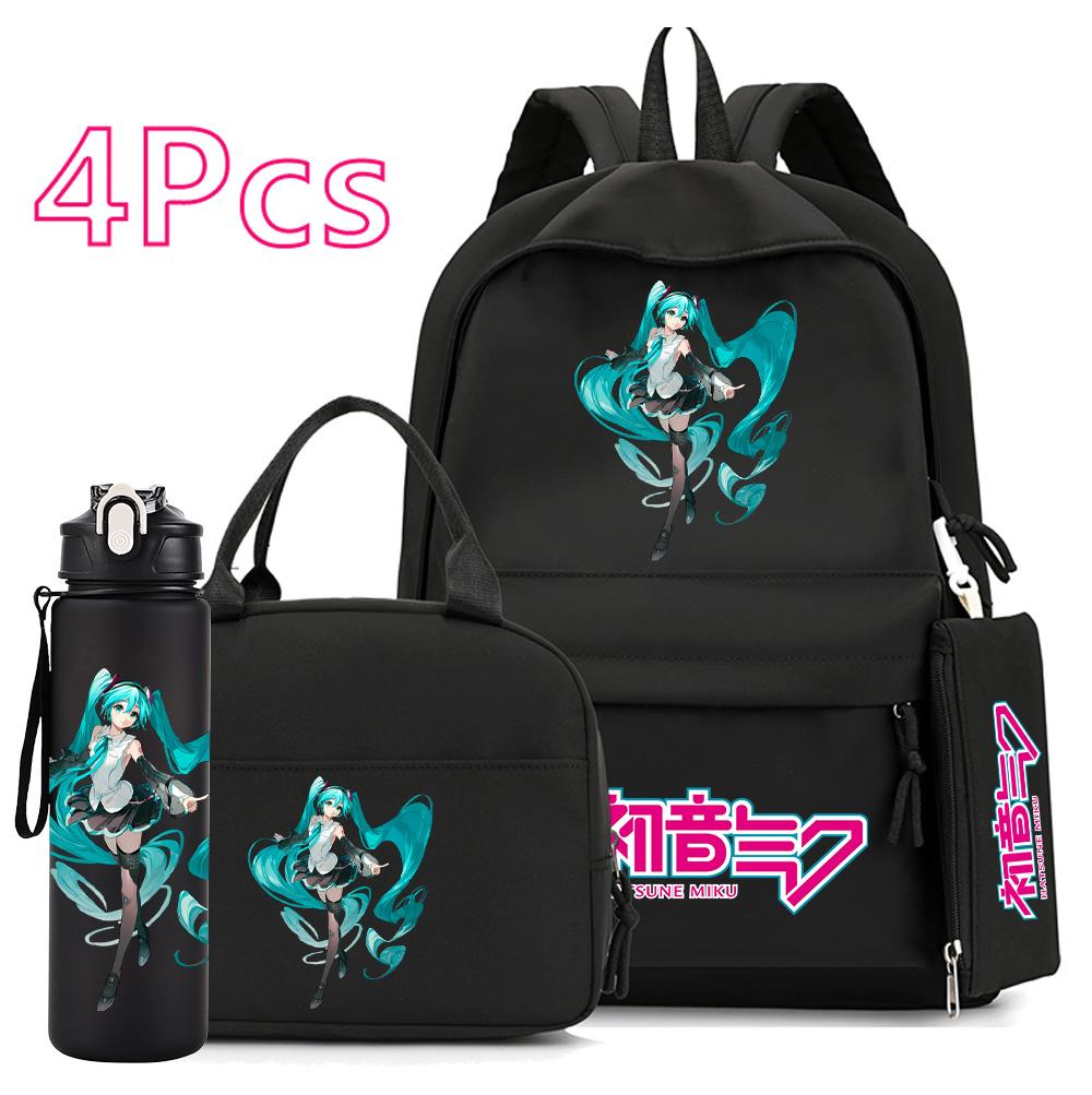4 Stück/Set Anime Hatsune Miku Aufdruck 750 ml Wasserflaschenhalter Rucksack Handtasche Federmäppchen für Teenager Junge Mädchen Große Kapazität Wasserdicht Schultasche Geschenk