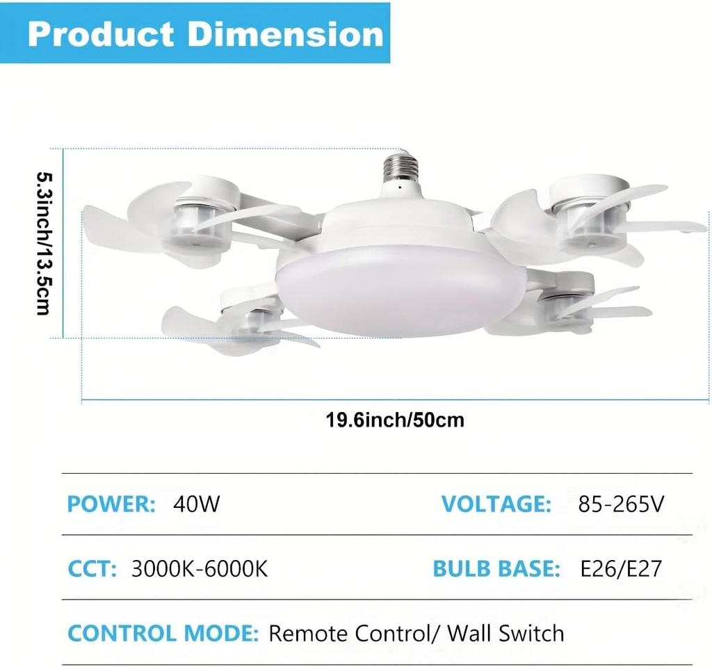 Stropní ventilátor se světlem a dálkovým ovládáním Stropní ventilátor Světlo LED Stmívatelné Stropní ventilátor Světlo 3 rychlosti Nastavitelný Ventilátor s žárovkou