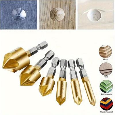 Titanium Coated 6PC Hex Shank HSS 5-Blade Countersink Drill Bits Set - High Speed Steel for Woodworking Deburring and Chamfering