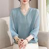 Chic V-Neck Hollow Knit T-Shirt for Middle-Aged Women - Loose, Comfortable Casual Top