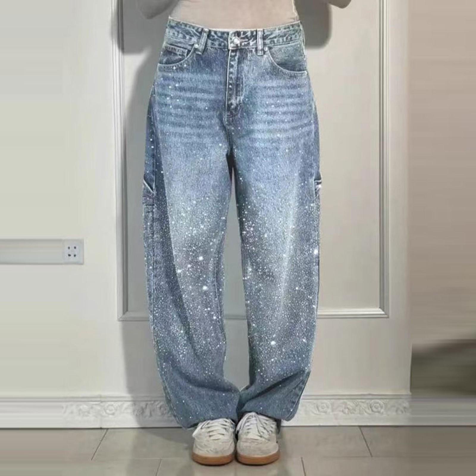 

Женские джинсы в стиле ретро, однотонные, с узором Flash Diamond, прямые джинсы L светло-синий
