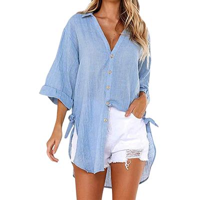 Women Fashion V Neck Half Sleeve T-shirt Summer&autumn Casual Solid Color Top Buttoned-down Shirt Loose Long Blouses