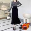 Women's Layered Velvet Midi Skirt with High Slit and Ruffle Lace - Thickened for Autumn and Winter