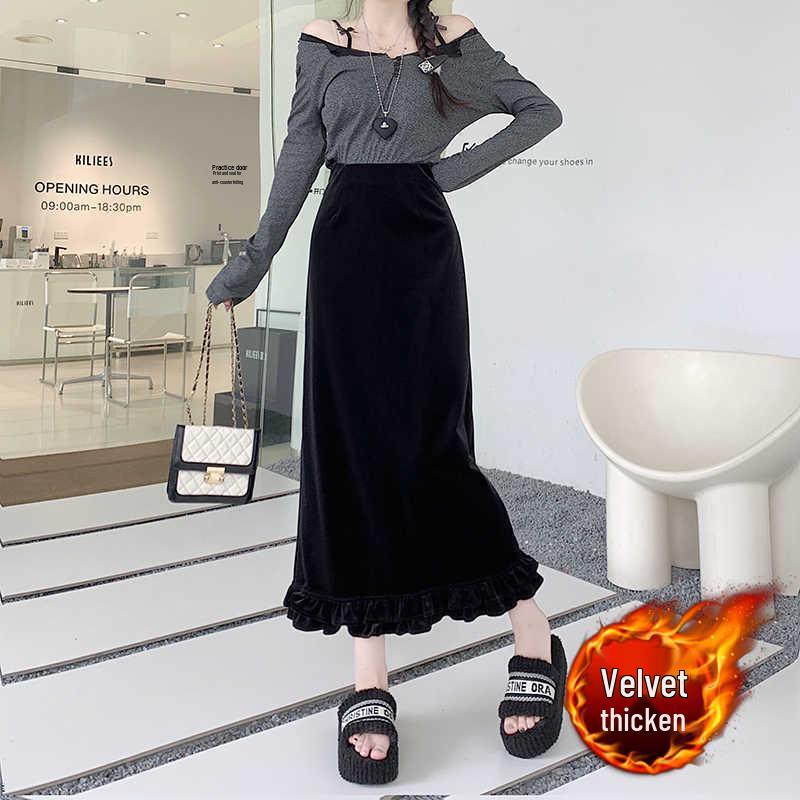 Women's Layered Velvet Midi Skirt with High Slit and Ruffle Lace - Thickened for Autumn and Winter