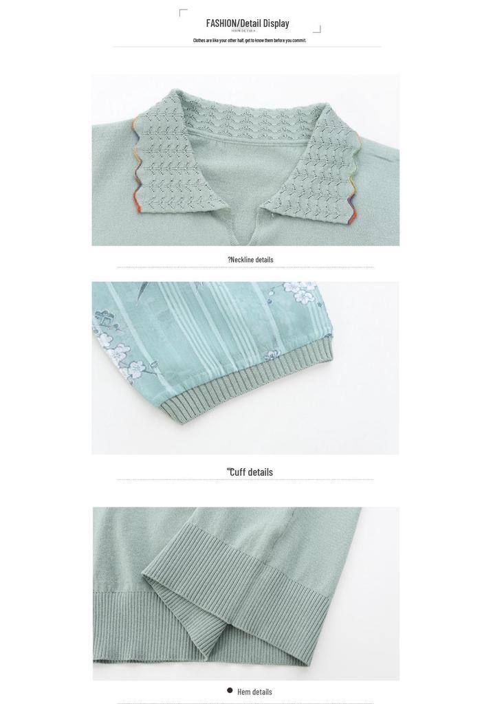 Spring-Summer 2025 Women's Three-Quarter Sleeve Knit Top with Stylish Lapel for Middle-Aged and Elderly Women