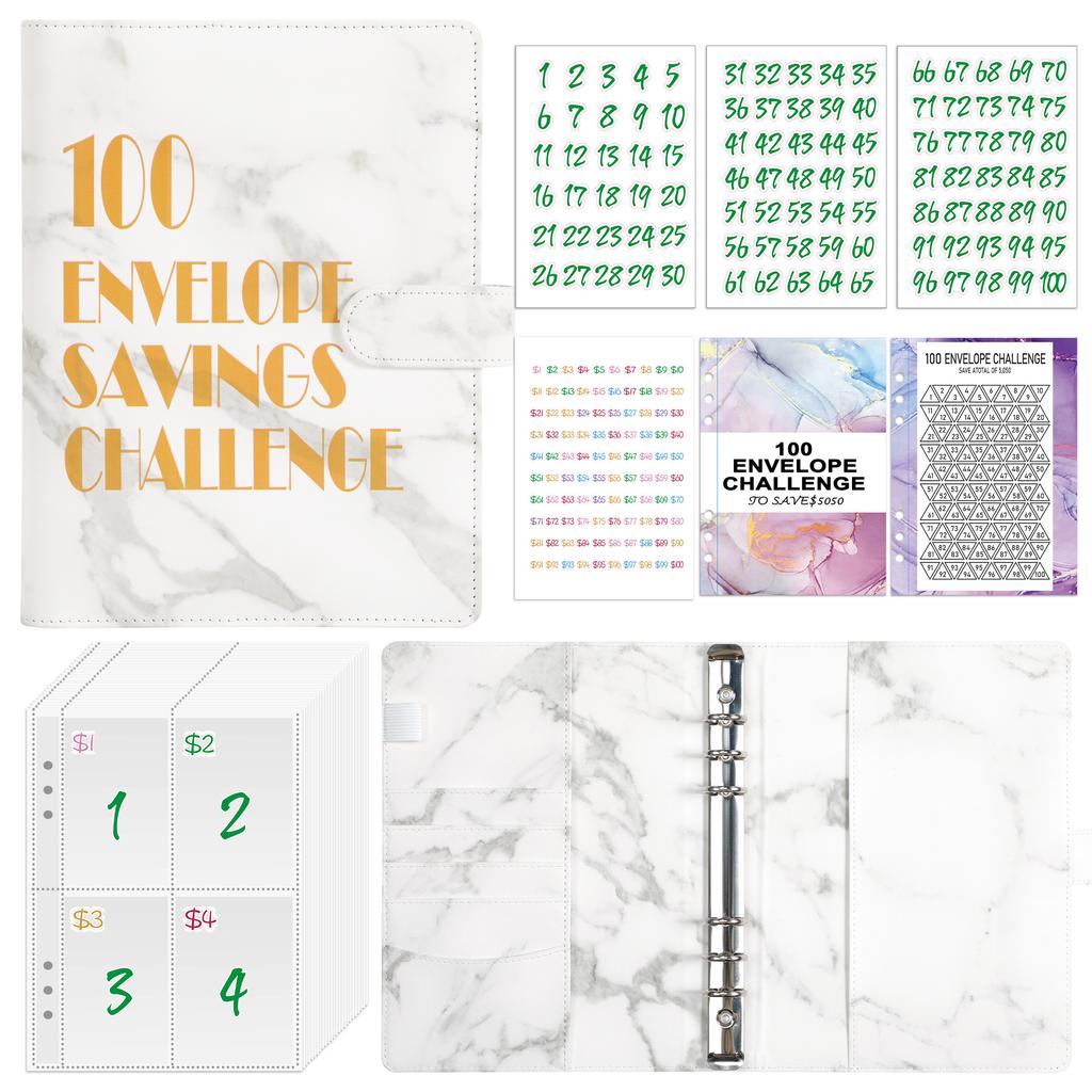 100 Envelope Money Savings Challenge Binder Set A5 PU Leather Students Notebook Marble Budget Binder with Cash Pockets