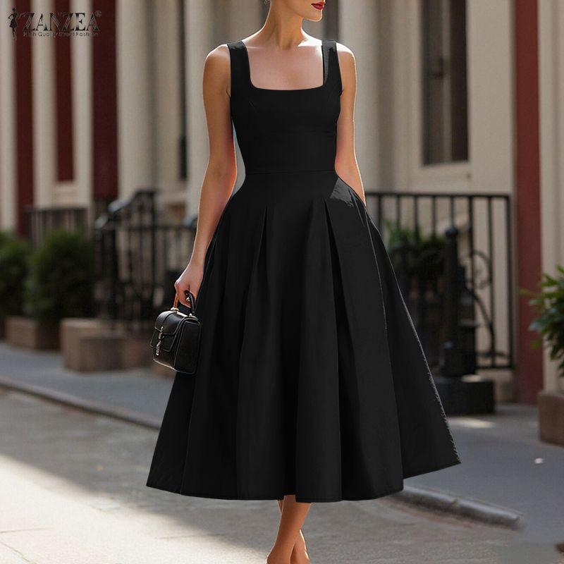 ZANZEA Women Casual Square Collar Summer Sleeveless Dress
