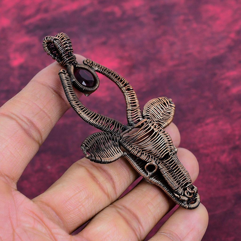 Faceted Mozambique Garnet Gemstone Pendant Copper Wire Wrapped Cow Face Pendant