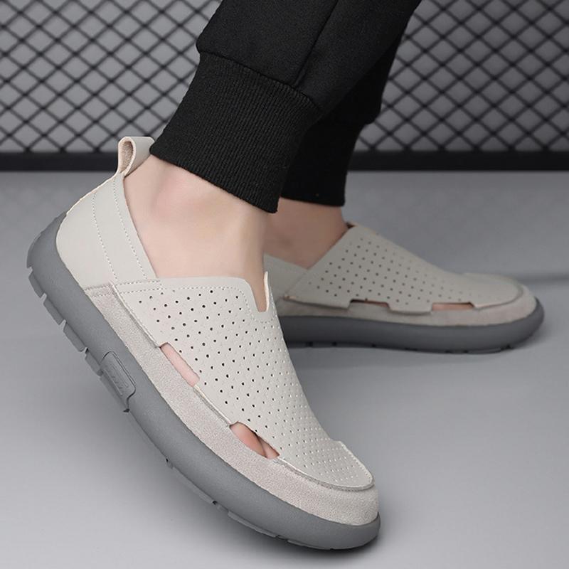 Summer New Men'S Casual Versatile Sandals Breathable Hollow Shoes Leather Shoes One-Step Trendy Men'S Comfortable Shoes