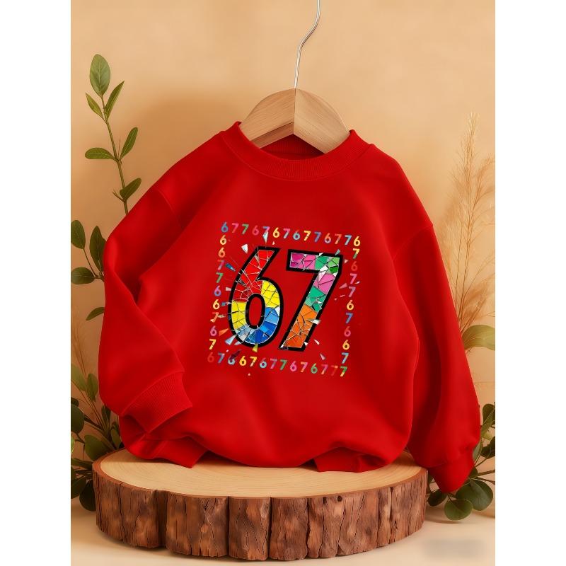 Kids Unisex Crewneck Sweatshirt, Color Broken Glass Mosaic 67 Number Frame Print Long Sleeve Pullover, Soft Sweatshirt for Boys Girls Over 4 Years Old