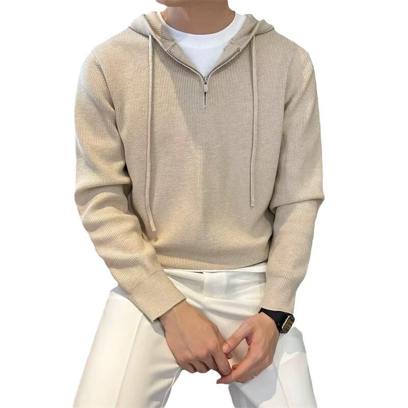 Men's 2024 Autumn Winter Casual Knit Pullover Hoodie - Drop Shoulder, Half Zip, Versatile.