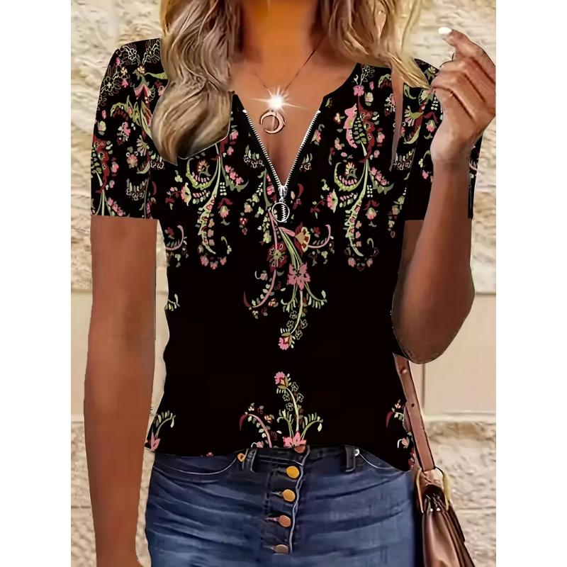 Casual Fashion Holiday Women's Regular Edition Full body Printed Stripe Zipper Short Sleeve V-neck T-shirt