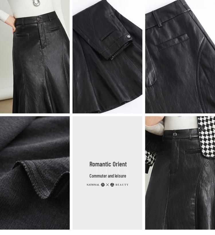 Women's Genuine Leather High Waist A-Line Midi Skirt - Autumn/Winter 2025 Fashion