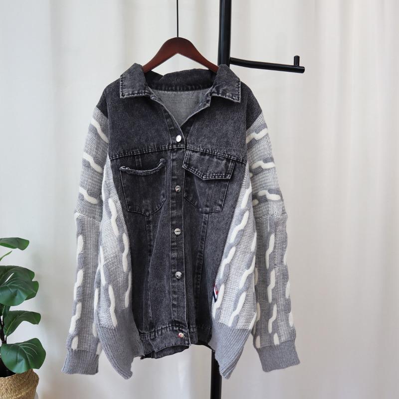Denim splicing sweater jacket autumn and winter new design sense loose lapel contrasting color knitted cardigan women