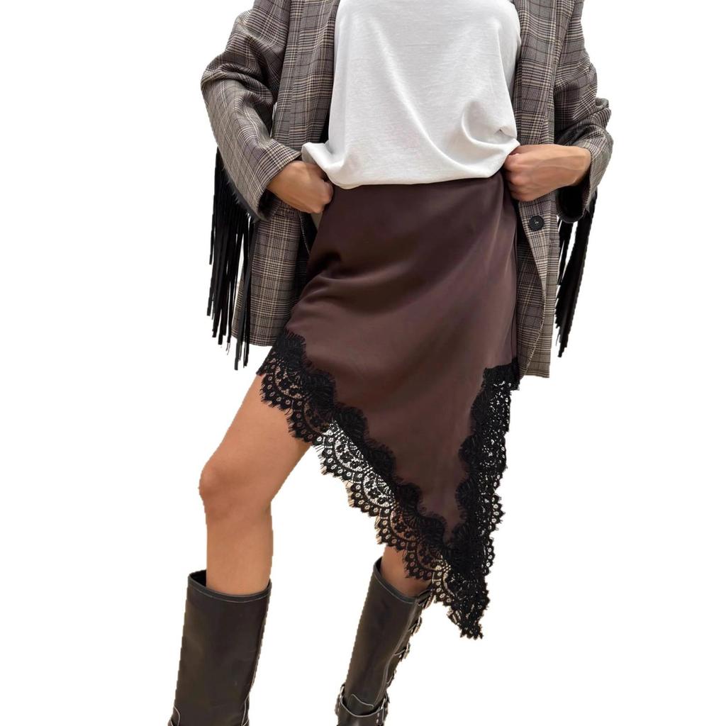 European-American 2025 Autumn Women's Satin Lace Slim A-line Midi Skirt with Irregular Slit