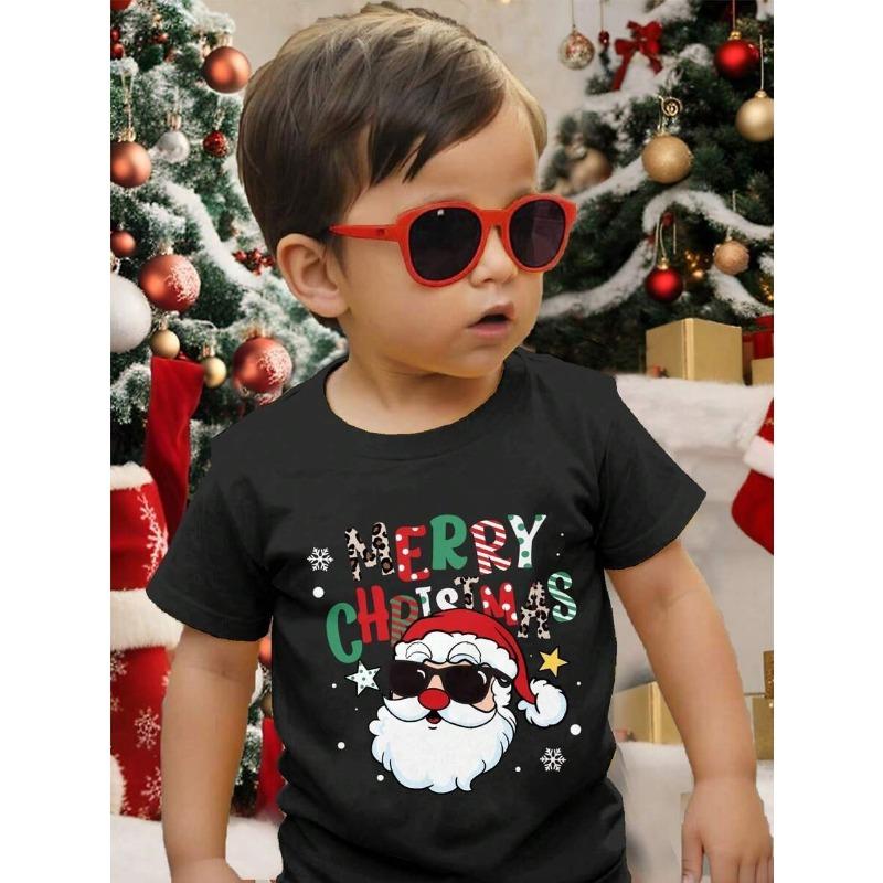 New Boys' T-shirts, Spring and Autumn Children's Colorful Christmas Printed Tops, Baby Base Shirts, Short-sleeved T-shirts