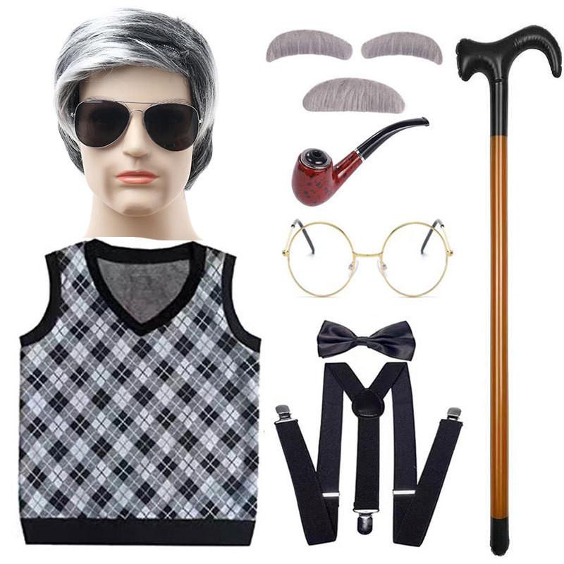 Classic Grandfather Costume Wig Set Featuring Short Soft Curly Hair And Stylish Vest For Kids