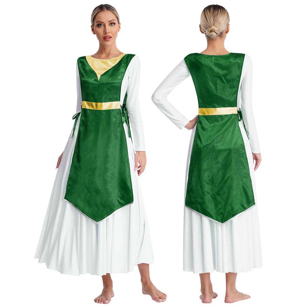 Womens Church Worship Robe Choir Performance Tunic Metallic Patchwork Lace-Up Sides Split Satin Dress Dancewear