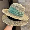 French British Retro Hollow Natural Straw Hat Women's Short Brim Flat Top Top Top Top Hat Summer Casual Sunshade Sun Protection Hat