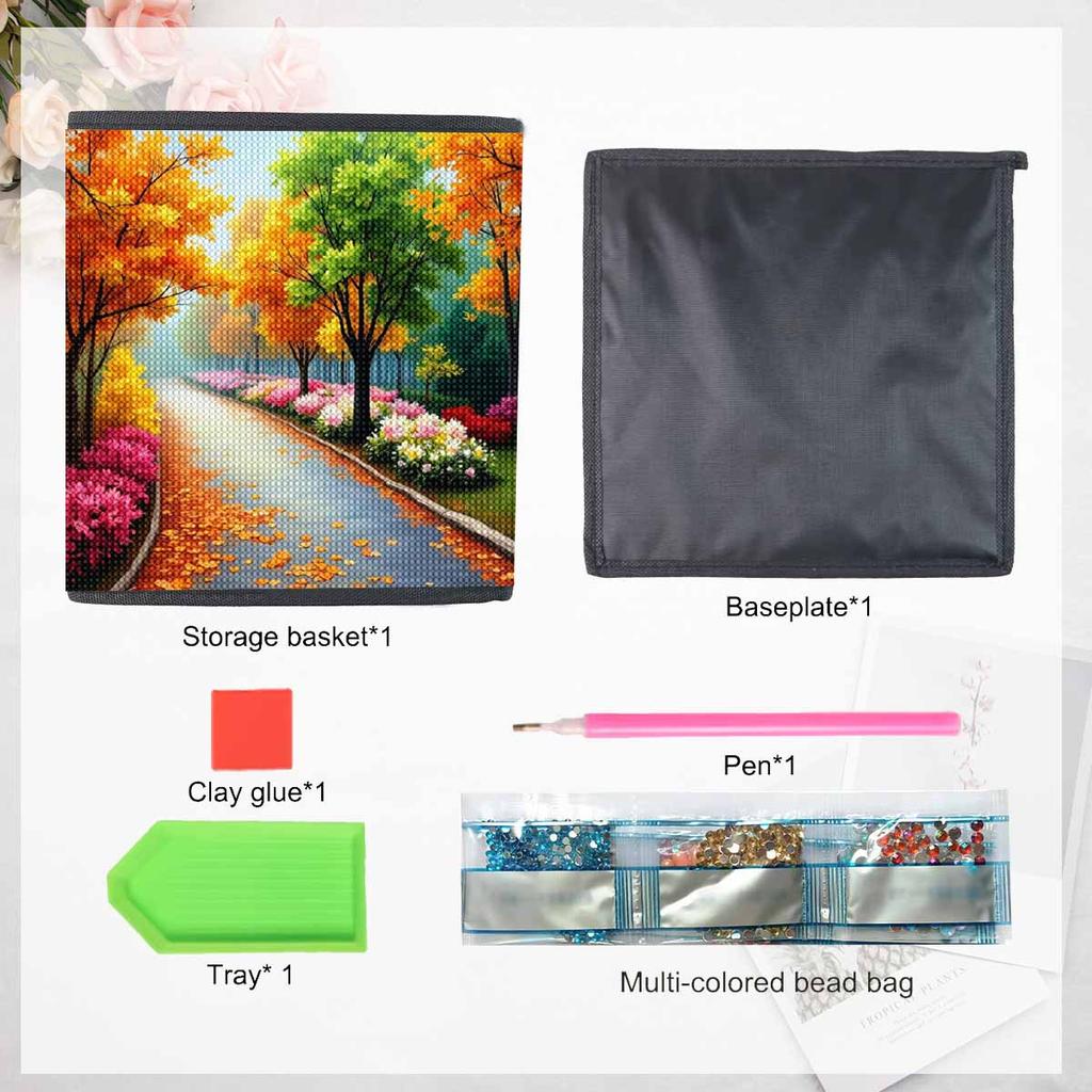 Herbstwind und gefallene Blätter 5D Diamantmalerei Aufbewahrungskorb Vollrunde Bohrmosaik Diamantstickerei Kreuzstich-Sets Heimdekor Heimdekor