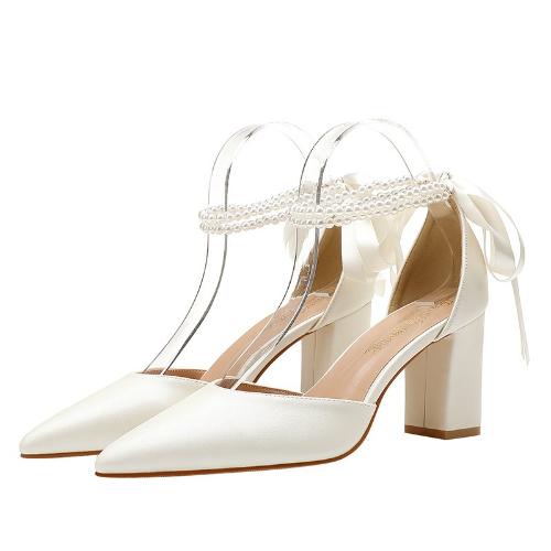 

Модные Элегантные Женские Белые Свадебные Туфли с Острым Носком на Массивном Каблуке, Украшенные Жемчугом и Лентой, Обувь для Свадебной Вечеринки 43 абрикосовый