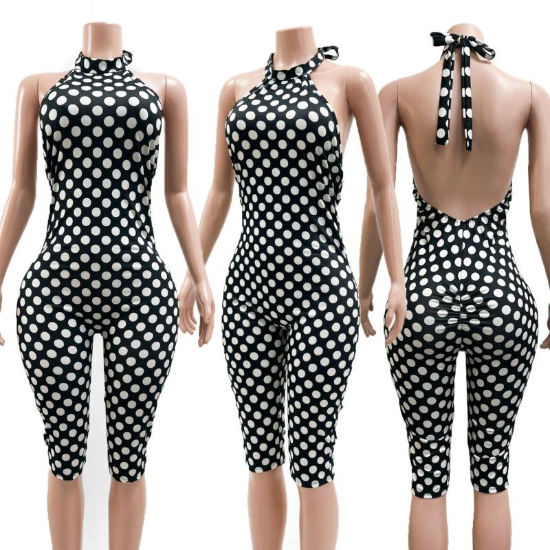 ! New spring and summer polka dot printing elastic neck halter slim one-piece S
