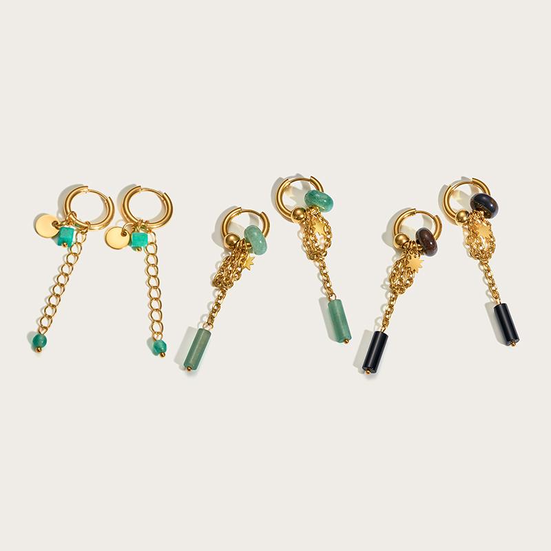 18K Gold Plated Stainless Steel Hoop Earrings for Women Vintage Green Natural Stone Charms Trendy Waterproof Jewelry