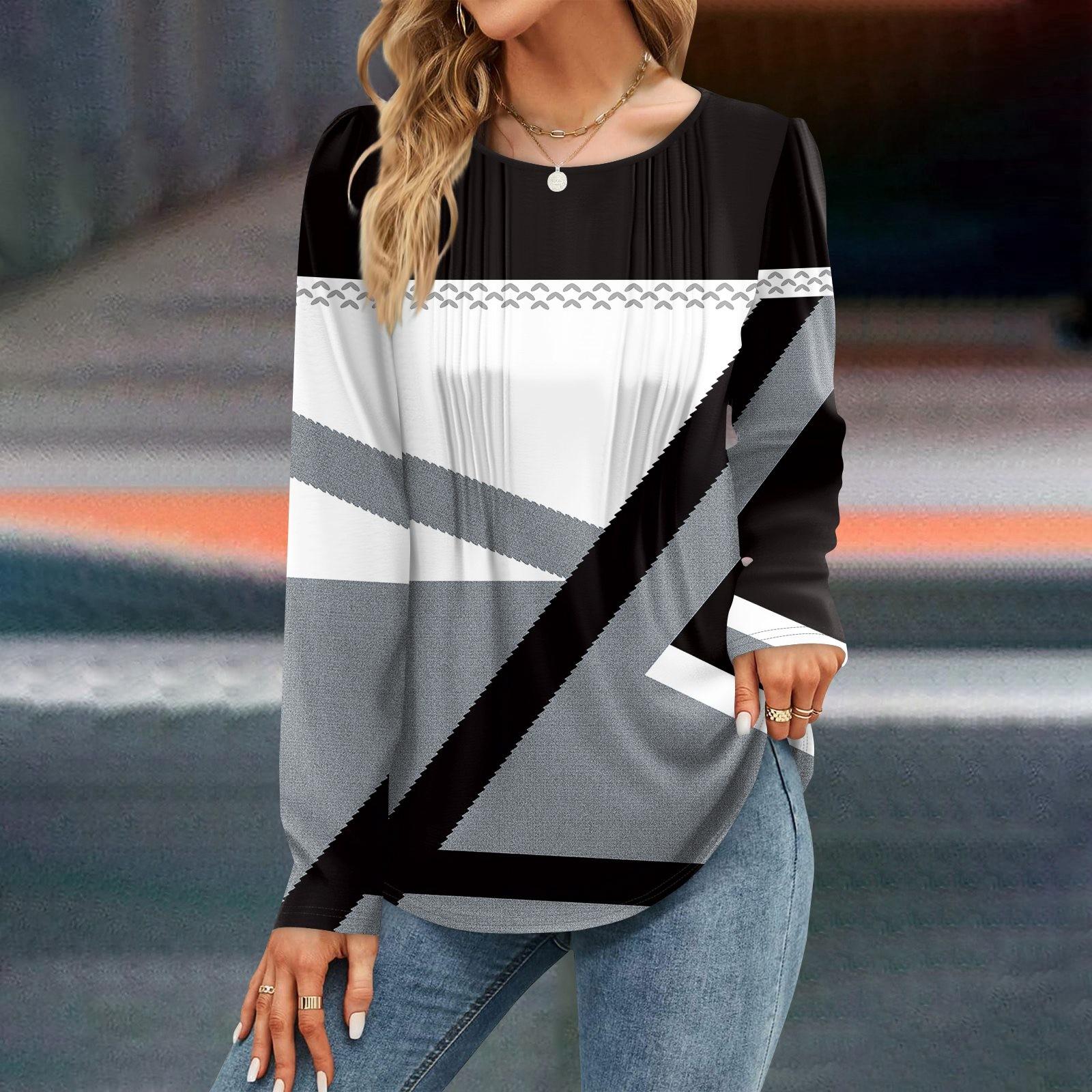 

Женская мода цветные лоскутные платья осень повседневные топы с длинным рукавом рубашка свободный пуловер S белый