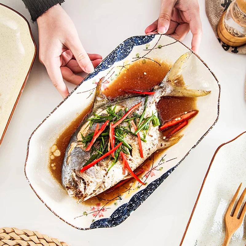 Retro Chinese Style Ceramic Plate Luxury Restaurant Large Fish Plate Exquisite Craftsmanship Dining Plates Household Tableware
