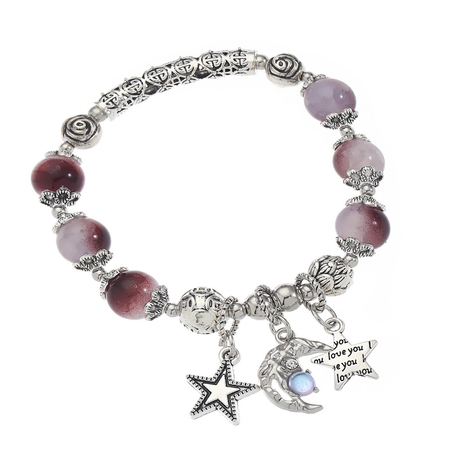 

Уникальный браслет-цепочка на руку с подвеской в виде звезды и луны, из потрескавшегося стекла с бусинами, эластичный браслет на запястье для модных личностей фиолетовый