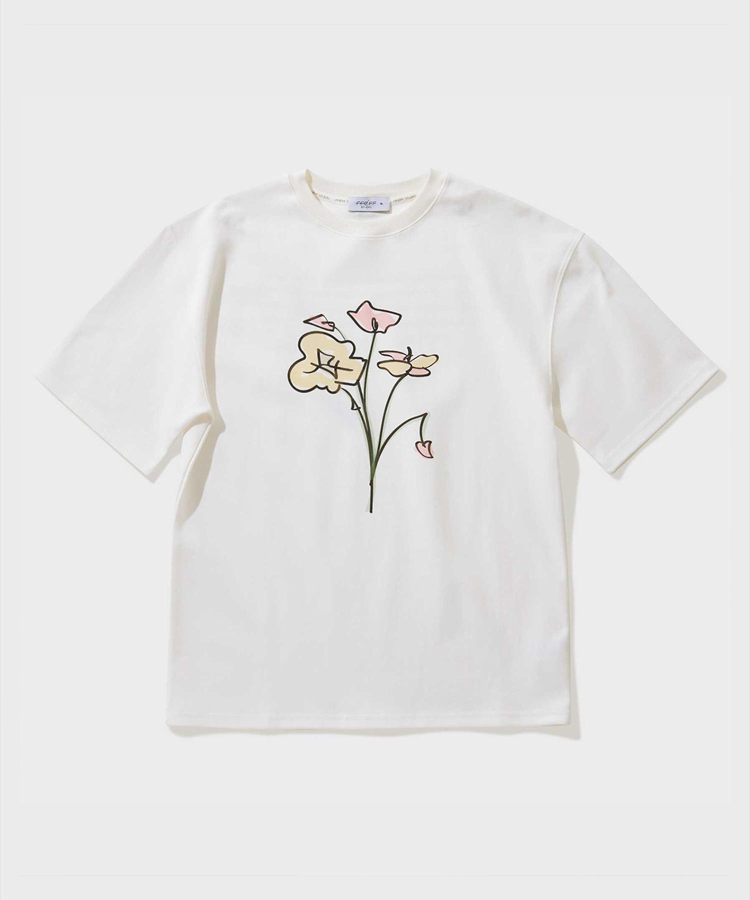 Pep Studio Artwork Flower Drawing Short Sleeve T-Shirt (Ivory) Ivory/L