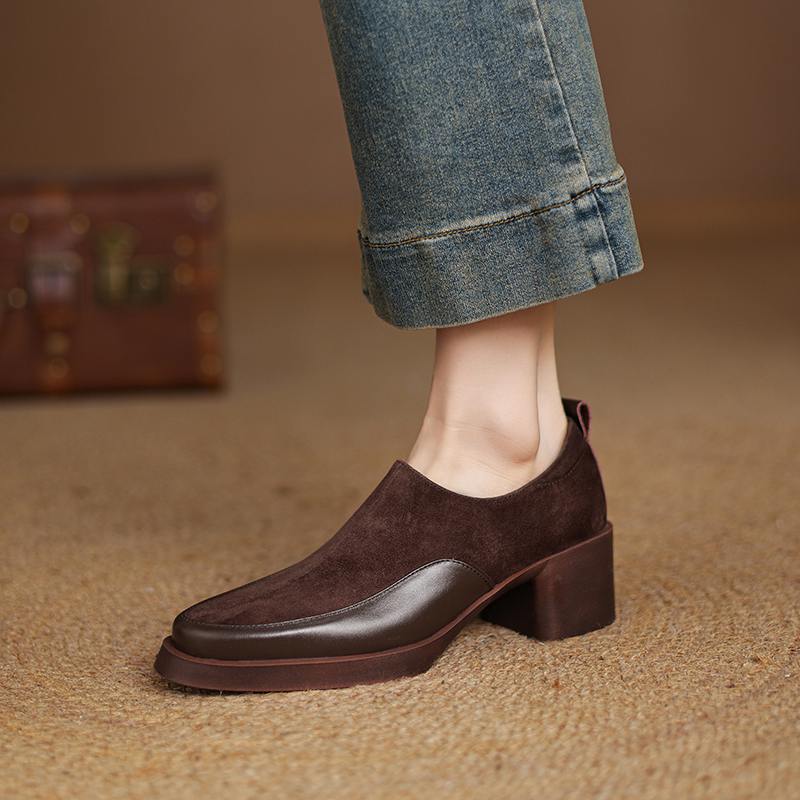 Krazing Pot Suede Autumn Winter Shoes Chunky Heels Size 43 Size 42 Round Toe Slip On Deep Mouth Retro Fashion Pumps