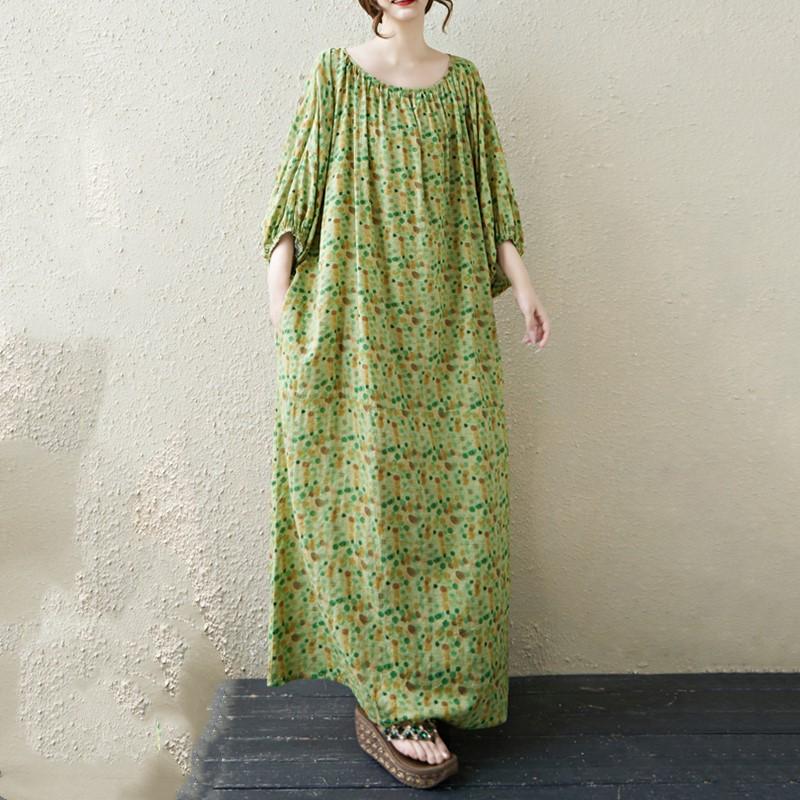 Krátký rukáv Plus size Bavlna vintage puntíkovaný květinový nový v šatech pro ženy ležérní volné maxi dlouhé letní šaty