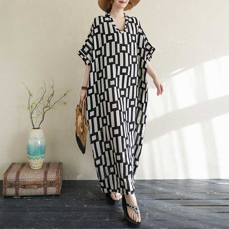 Sommarfärg Rese V-ringad Retro Lång Kjol Bomull Linne Klänning
