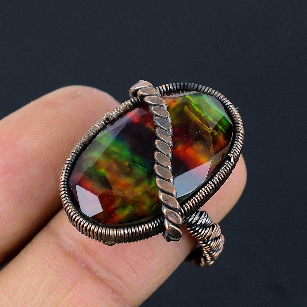 Ammolite Gemstone Copper Wire Wrapped Handmade Jewelry Ring All Size