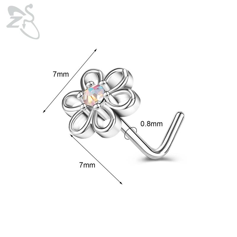 ZS 1 Piece Cute CZ Crystal Nose Stud L-Shape 20g Stainless Steel Nose Piercings Flower Moon Heart Shape Zircon Nostril Piercing