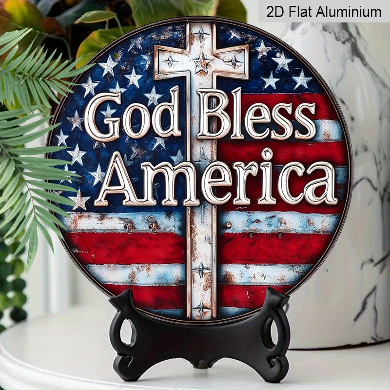2D Flat, 1pc Vintage "God Bless America" Patriotic Metal Sign with US Flag & Cross Wall Decor, Ideal for Home, Office, for Man Cave, Veterans Day
